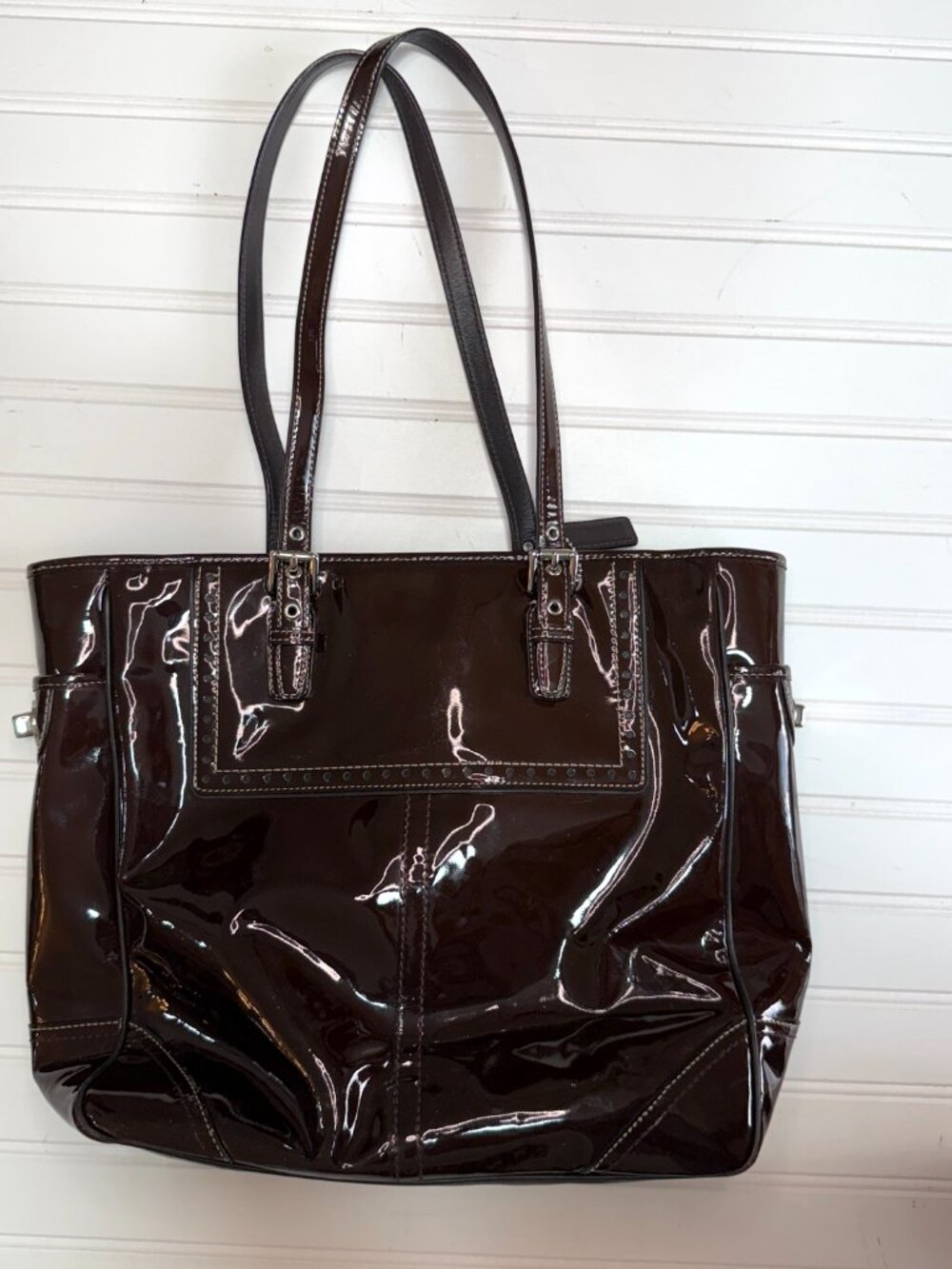 Coach Mahogany Patent Leather Gallery Tote Shoulder Bag Zip Top Large - Picture 8 of 8